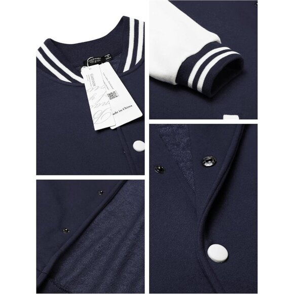 Men's Varsity Jacket Slim Fit Cotton Letterman Baseball Bomber Jackets Navy - Picture 4 of 4